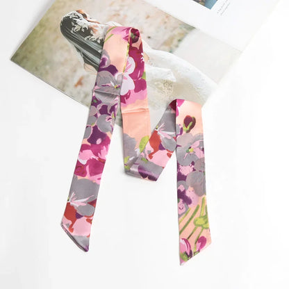 Women Print Flower Small Scarf Handle Bag Ribbons Fashion Head Scarf Small Long Skinny Scarves Headbands Tie Accessories