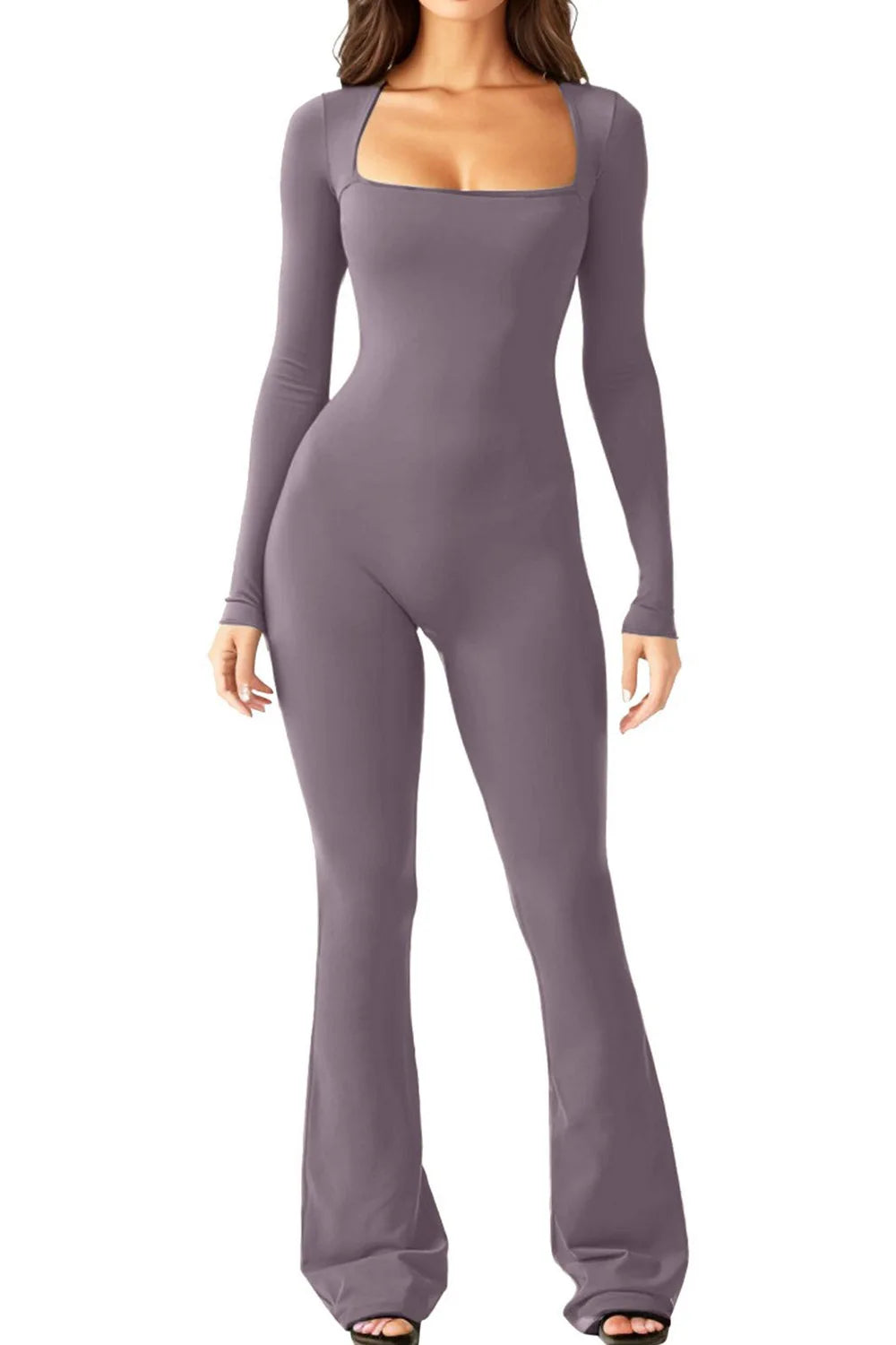 Foreign Trade Women's Long Sleeved Waist Cinching and Waist Lifting Square Collar Wide Leg High Elastic Jumpsuit