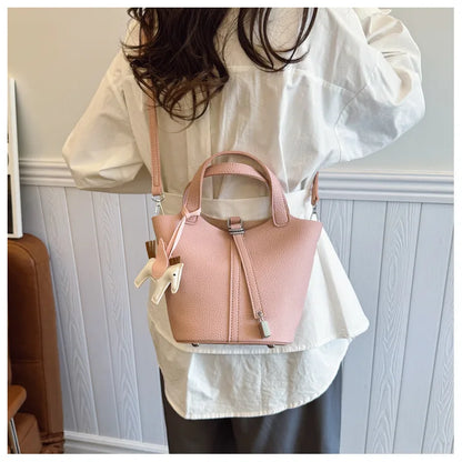 Fashion Vegetable Basket Bucket Bag Women's Autumn New Lychee Pattern Shoulder Bag Simple Solid Color Niche Messenger Bag