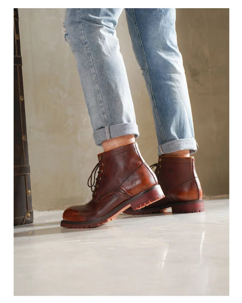 Fashion Men's Genuine Leather Motorcycle Boots British Brogue Shoes High-top Round Toe Mid-calf Chelsea Western Riding Boots