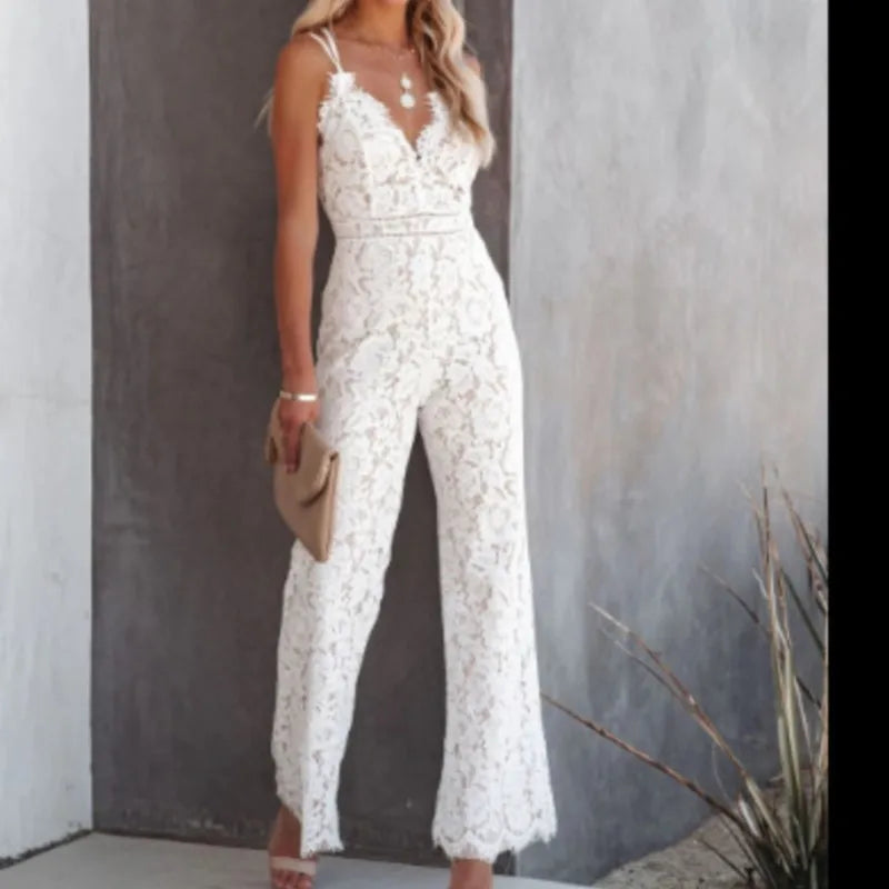 Ladies Elegant Jumpsuits Spaghetti Straps V-Neck Solid Lace Backless Sexy Jumpsuit For Women Simple White Slim Office Rompers
