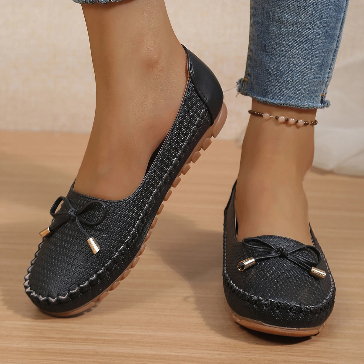 Goreyodoly Womens Casual Slip On Flats Woven Pattern Bow Breathable Lightweight Comfortable Daily Walking Shoes