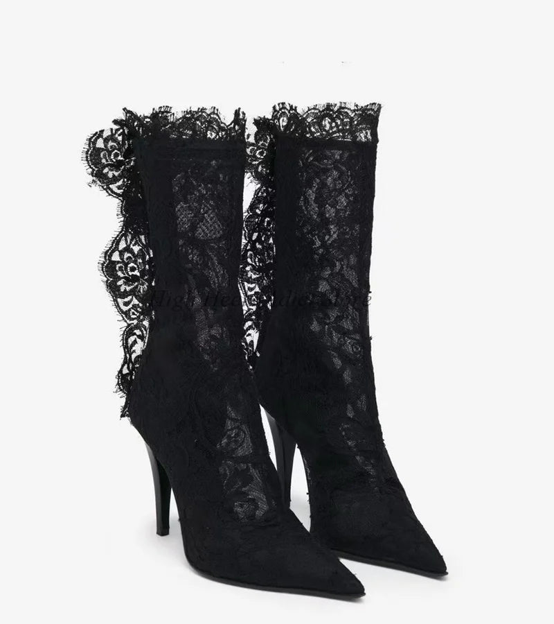 Sexy Black/Red Lace Embroidered Ankle Boots 2025 New in Women's High Heels Pointed Toe Wedding Boots Luxury Designer Party Shoes
