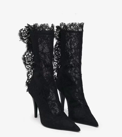 Sexy Black/Red Lace Embroidered Ankle Boots 2025 New in Women's High Heels Pointed Toe Wedding Boots Luxury Designer Party Shoes