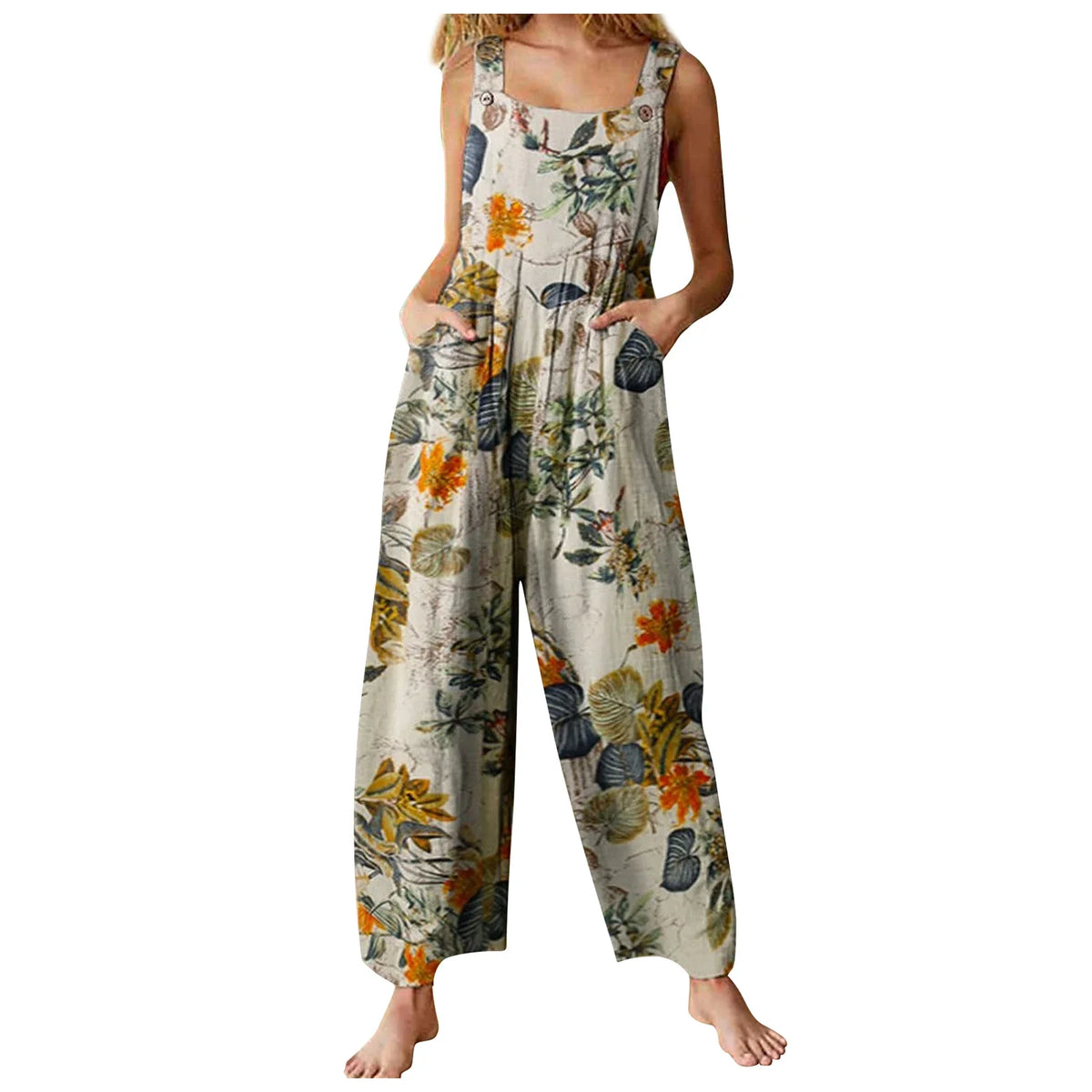 Women Plus Sizes Jumpsuit Leaf Floral Print Square Neck Sleeveless Fashion Casual Overalls with Pockets