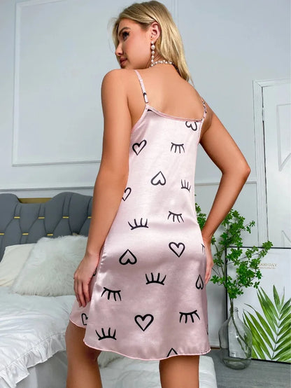 Ladies Sexy Sling Nightgown Nightdress Women's Sexy Lingerie Silk Satin Sleepwear Floral Pinting Nightwear Homewear Mini Dress
