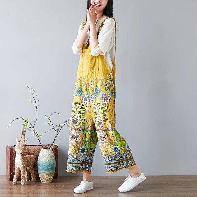 Suspenders Overalls Women Denim Jumpsuits Slim Mom Jeans One Piece Wide Leg Long Pants High Waist Rompers Y2k Streetwear Print