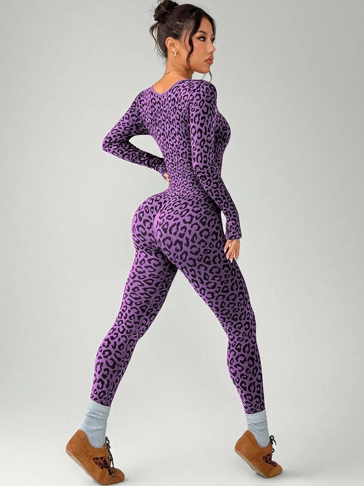 Women Leopard Print Tight Jumpsuit Slimming Hip Hugging Long Sleeve U Collar Stretchy
