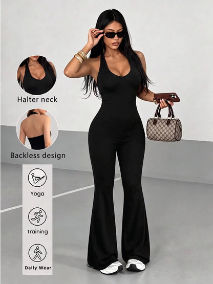 Women Halter Backless Jumpsuit Flare Leg Yoga Jumpsuit Sleeveless Bodycon Fitness One Piece Outfit Gym Training Daily Sportswear