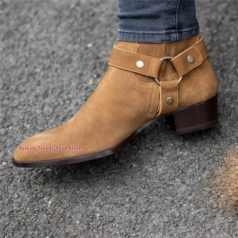 Autumn Winter Retro Chelsea Boots for Men Metal Ring Suede Leather Pointed Toe Short Boots British Style Trendy Men's Shoes