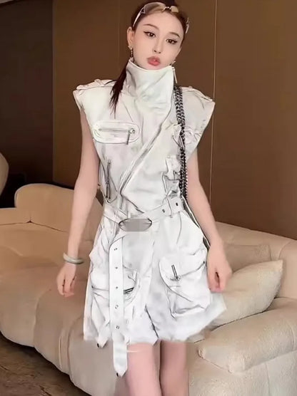 High Street Women Playsuits Sleeveless High Waist Zip Stand Collar Summer Fashion Casual Multiple Pockets Cargo Rompers Female