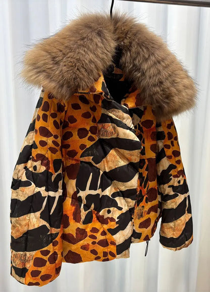 Women's Leopard Print down Jacket European Winter Natural Raccoon Fur Collar Short Warm Duck down Coat