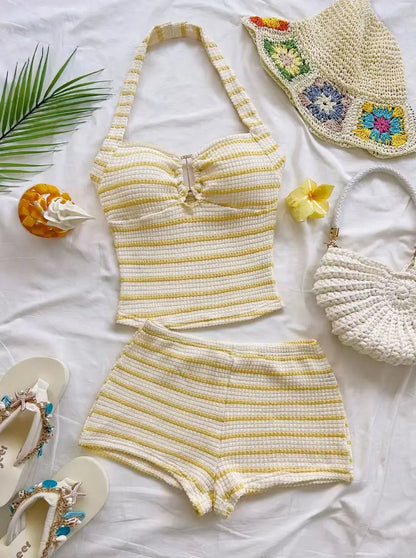 Summer Textured Knit Halter Top And Shorts Set Women Striped Sleeveless Backless Holiday Beach Two Piece Outfit