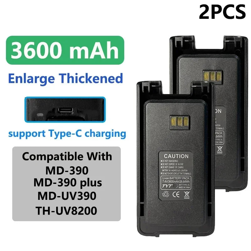 MD-390 Original Battery Enlarge Thicker Battery USB-C Charge 3600mAh Compatible With MD-UV390 MD-390Plus TH-UV8200 Walkie Talkie