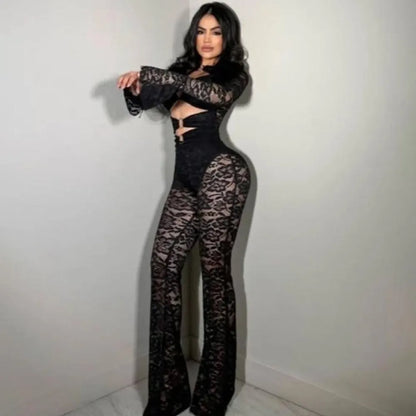 FLARORA Sexy Jacquard Lace Jumpsuits Woman Cutenew Hollow Out Ring Crop Bodycon Jumpsuit Hipster Stretch Midnight Street Overall