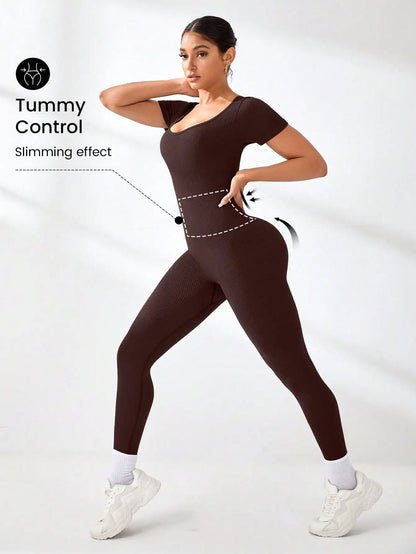 Women's Slimming Sexy Yoga Sports Jumpsuit Spring Summer Threaded Square Collar Lifting Buttocks Design Comfortable Active Wear