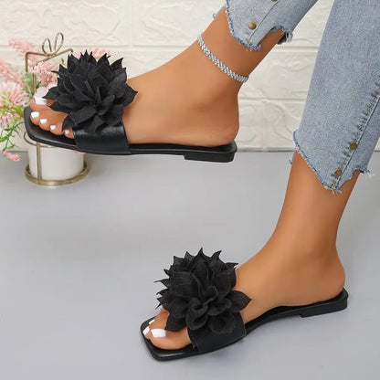 Women Flat Slippers 2026 Summer New Solid Color Sandals Flowers Open Toes Slippers Casual Fashionable Beach Shoes Slides Women