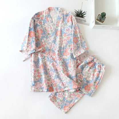 2026 new seven-sleeve Japanese-style kimono pajamas set female spring and autumn 100% cotton gauze home clothes cute sweet two-p