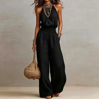 Spring Summer Solid High Waist Woman Jumpsuits Elegant Halter Tie-up Backless Rompers Casual Sleeveless Wide Leg Pocket Overalls