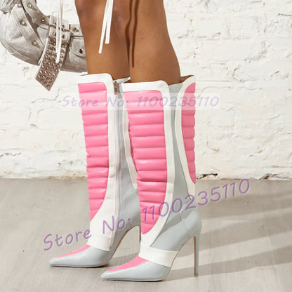 Pink Colorblock Stiletto Mid Calf Boots Women Novelty Pointed Toe Side Zipper Shoes Female Streetwear High Heels Biker Boots