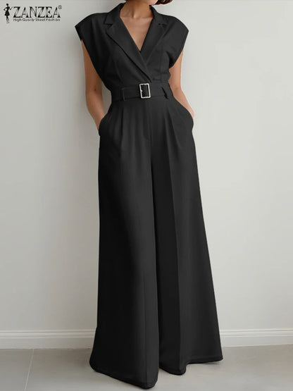 Stylish Office OL Overalls Pant ZANZEA Fashion Women Jumpsuits Summer Lapel Sleeveless Rompers Solid Loose Wide Leg Trouser 2025