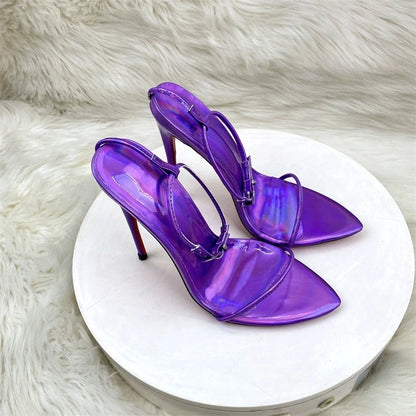 2025 Summer New Laser Purple Fashion Ultra fine One line Buckle with Thin Heels Sandals Sexy Fashion Large Size