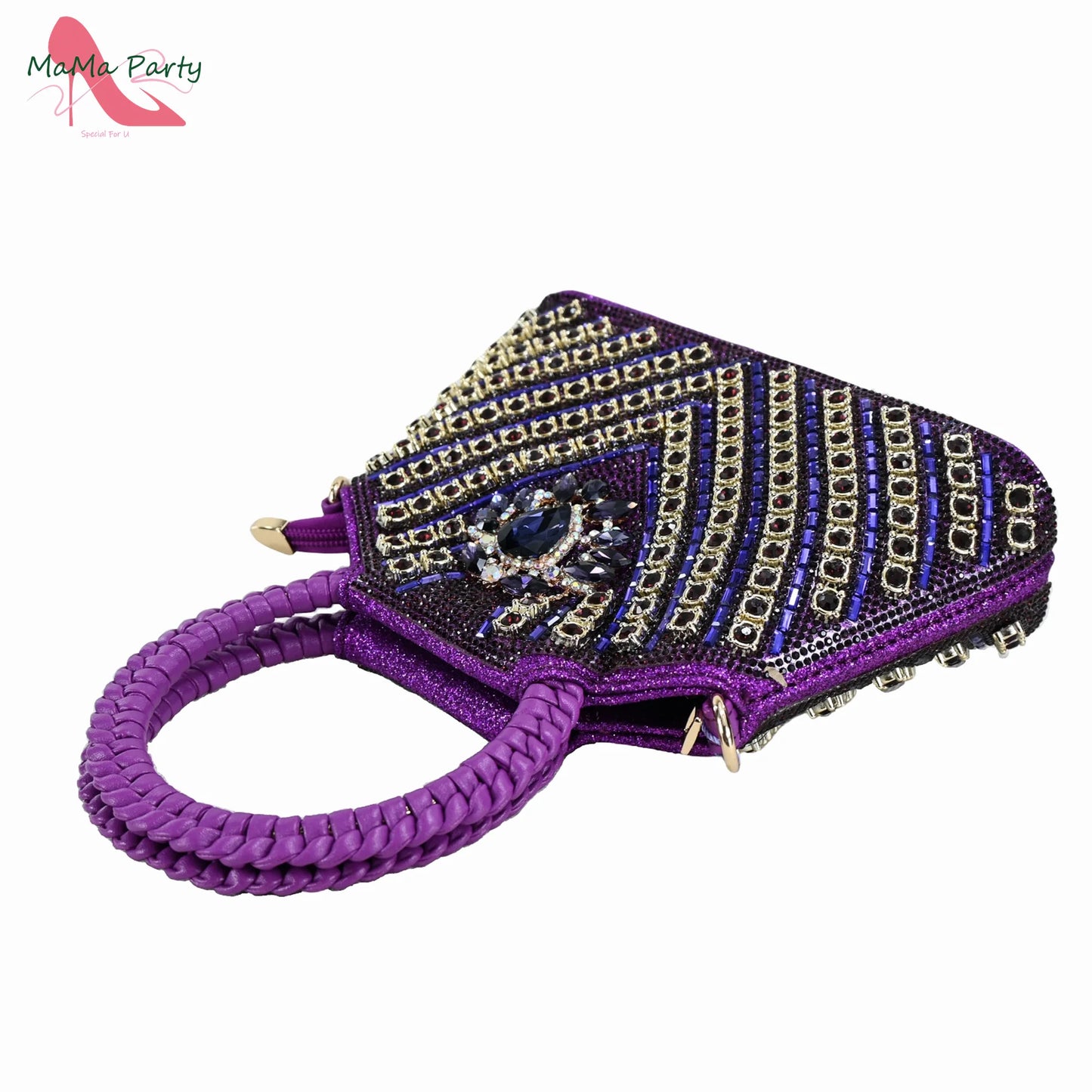 Purple Color New Arrivals Italian Design Nigerian Women Shoes and Bag Set Pointed Toe Slipper with Shinning Crystal for Party