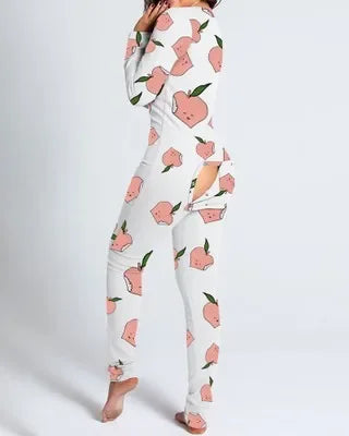 New Women Pajamas Sexy V-neck Jumpsuit Plaid Casual Long Sleeve Pyjama Button-down Front Functional Buttoned Flap Sleepwear