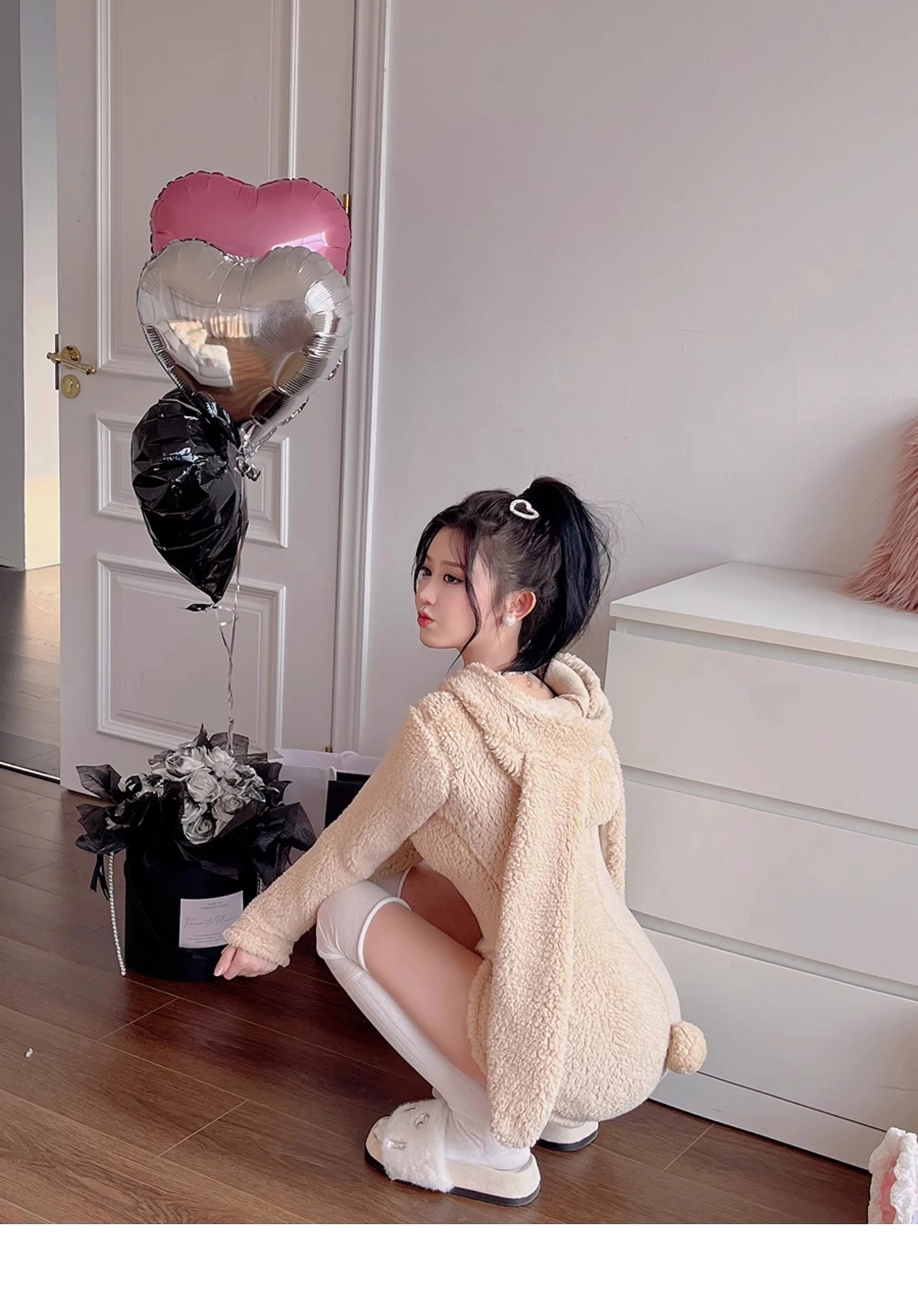 Pink Rabbit Hooded Fluffy Jumpsuits Sweet Zipper Long Sleeve Solid Color Rompers Flannel Onesie Shorts Pajamas Loungewear