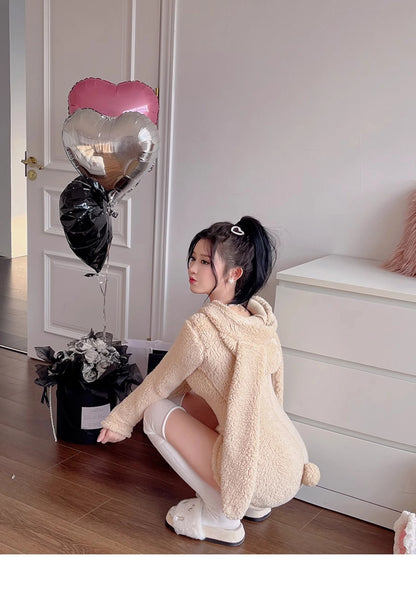 Pink Rabbit Hooded Fluffy Jumpsuits Sweet Zipper Long Sleeve Solid Color Rompers Flannel Onesie Shorts Pajamas Loungewear
