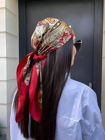 1pc Bohemian Print Faux Silk Satin Scarf Square Hijab New Elegant Floral Women Bandana Shawl Breathable Versatile Scarves