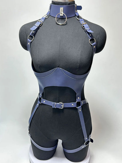 Women Fashion Punk Style Faux Leather Full Body Harness Belt, Garter Belt Set,Gothic Collocation Costume Accessories
