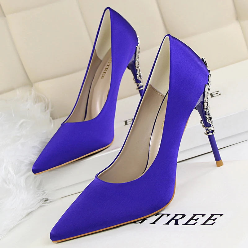 Women Luxury Metallic Decoration Heel Wedding Shoes Lady Trendy 10cm High Heels Pointed Toe Shoes Female Premium Gray Shoes