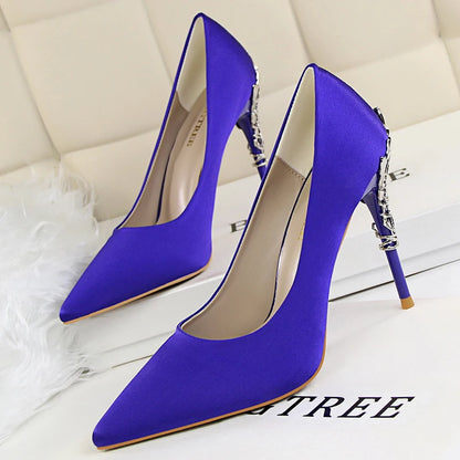 Women Luxury Metallic Decoration Heel Wedding Shoes Lady Trendy 10cm High Heels Pointed Toe Shoes Female Premium Gray Shoes