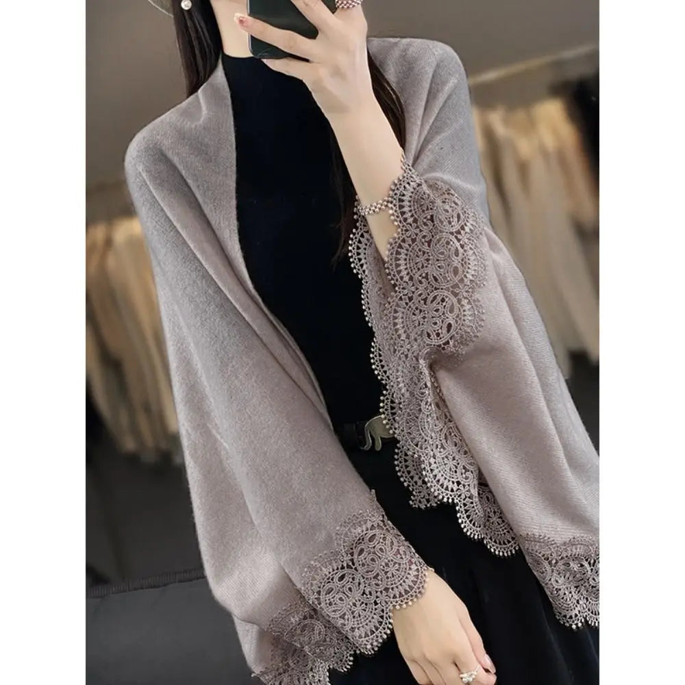 Fashion Women Wool Knitted Shawl Skin Friendly Breathable Lace Edge Scarf Spring Autumn Luxury Brand Design Cloak Shawl