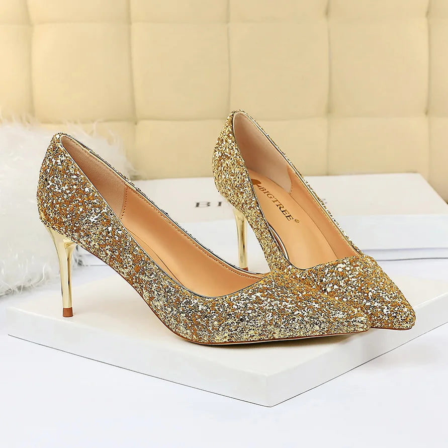 Women 7cm 9.5cm High Heels Pumps Wedding Bridal Scarpins Sparkly Mid Heels Lady Party Sequins Glitter Evening Gold Silver Shoes