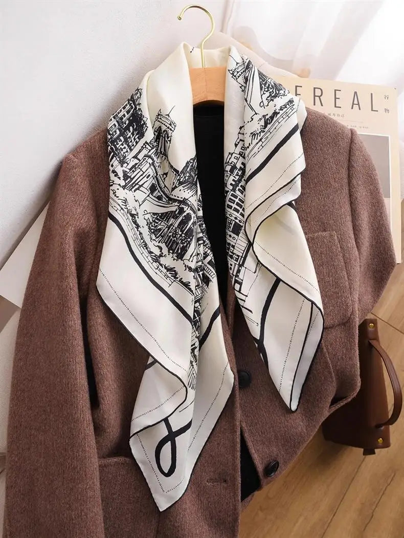 Black White View Print Twill Silk Scarf 90x90cm Women Fashion Square Neck Scarf Satin Kerchief Head Wrap Bandana Bag Decoration