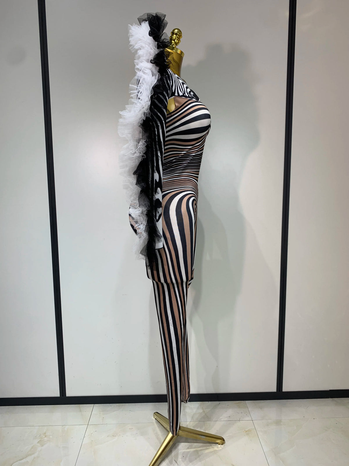 Women Long Sleeve Zebra Stripes Bodycon Jumpsuit Two Piece Set Birthday Party Nightclub Stage Performance Halloween Rompers