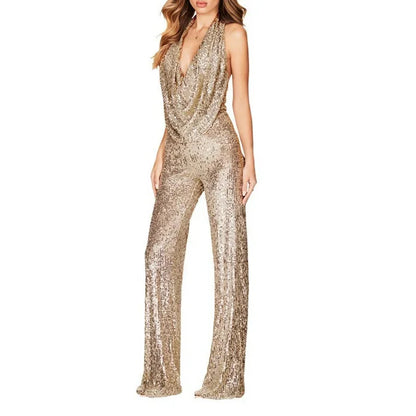 Sequins Sexy Jumpsuits Women Halter Fashion Summer Party Elegant Sleeveless Female New High Waist Street Straight Rompers