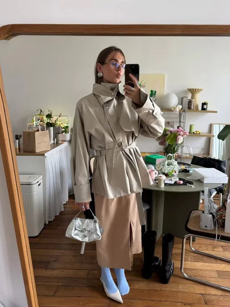 Fashion Stand Collar Short Trench Coat Women Solid Double-breasted Belt Jacket 2026 Autumn Lady Commuting Casual Outwear