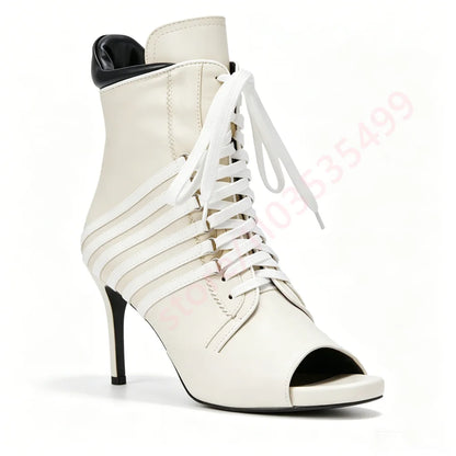 2026 Summer New Style Striped Peep Toe Ankle Boots Women Front Lace Up Thin Stiletto High Heel Fashion Streetwear Booties