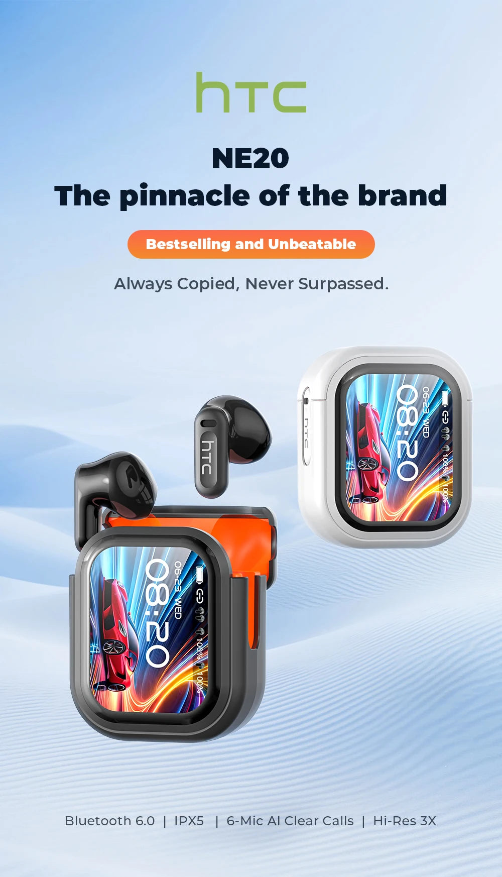 HTC NE20 Original Wireless Bluetooth Earphone In Ear AI Translate Earbud LED Multi-function Touchscreen Noise Reduction Headset