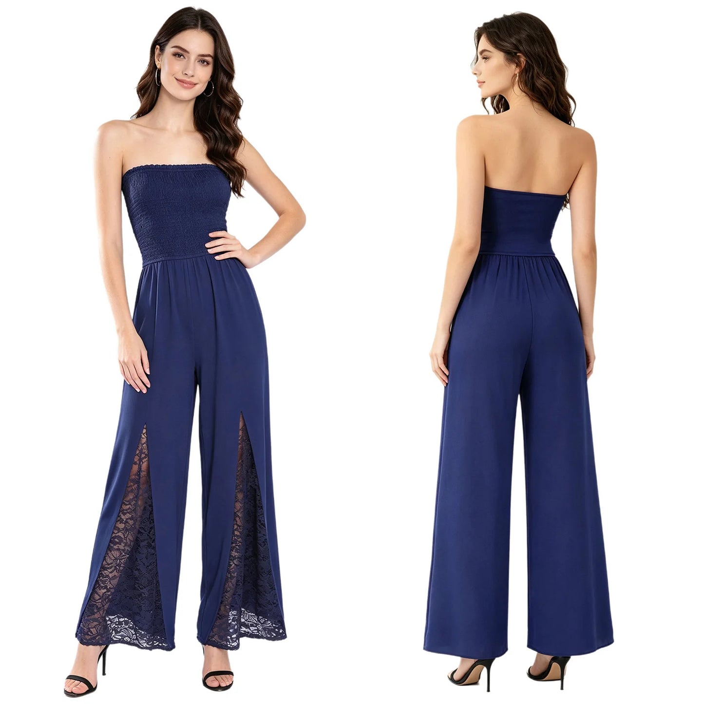 Women Strapless Jumpsuit Bandeau Elastic Bodice Sheer Floral Lace Patchwork Wide Leg Romper for Beach Vacation Party