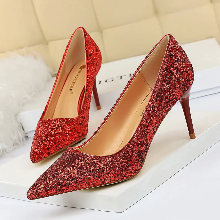 Women 7cm 9.5cm High Heels Pumps Wedding Bridal Scarpins Sparkly Mid Heels Lady Party Sequins Glitter Evening Gold Silver Shoes