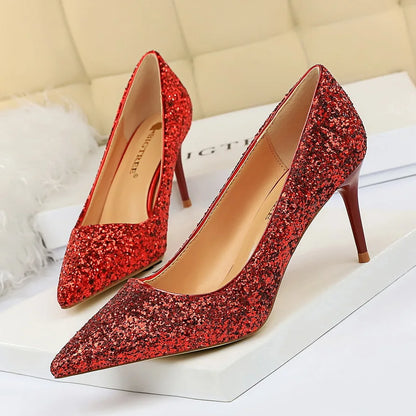 Women 7cm 9.5cm High Heels Pumps Wedding Bridal Scarpins Sparkly Mid Heels Lady Party Sequins Glitter Evening Gold Silver Shoes