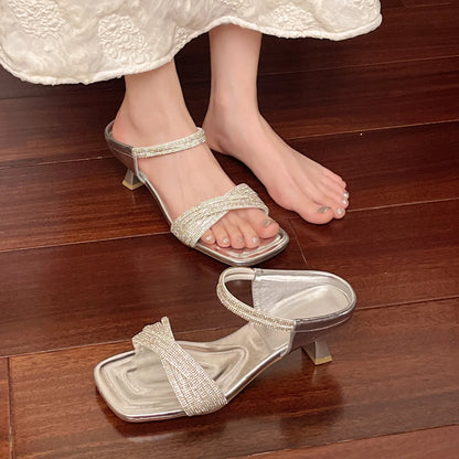 Fashion Rhinestones Ladies Heels Pumps Shoes Luxury Female Slides New in 2025 Footwear Square Toe Women Heeled Sandals Shoes