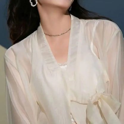 Hanfu Style Modal Ice Silk Shawl V-Neck Sheer Outerwear Long Sleeve Translucent Sun Protection Cardigan Women's Wear