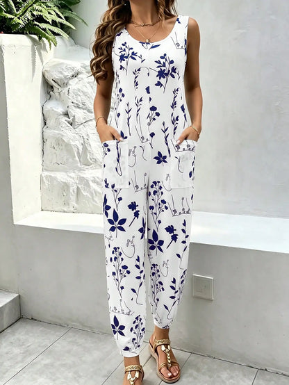 Women's Navy Floral Plant Print Sleeveless Jumpsuit, Round Neck Casual Jogger Romper with Pockets, Summer Outfit