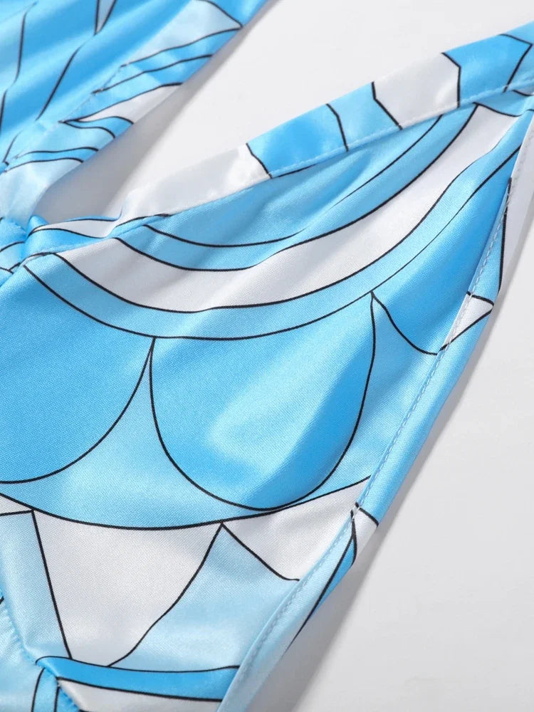 Summer Lady Geometry Printed Bodysuit Halter Sleeveless Backless Top Shorts Female One-piece Swimwear Women Vacation Beachwear