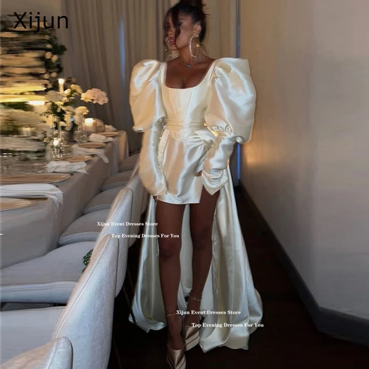 Xijun Ivory Satin Modern Evening Dresses Formal High Low Wedding Dresses Puff Sleeves Birthday Party Gowns Women 2025 Customized